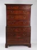 George III mahogany chest on chest, the concave cornice above two short and six long drawers