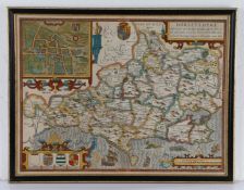 John Speed, (1552-1629) Dorsetshyre, hand coloured map, with the Shire-towne Dorchester described,