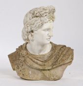 Reconstituted marble bust, of large proportions, depicting a classical figure of a Roman with a