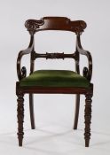 William IV mahogany armchair, the shaped and scrolled bar back above curved arms and a drop in