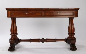 William IV Rosewood library table, the rectangular top above a pair of frieze drawers and opposing