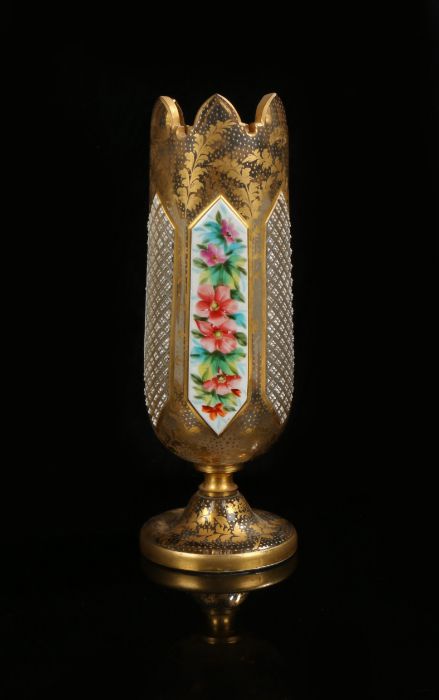 19th Century overlaid Bohemian glass pedestal vase, cylindrical vase with castellated rim and