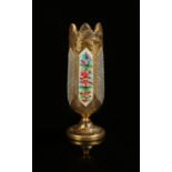 19th Century overlaid Bohemian glass pedestal vase, cylindrical vase with castellated rim and