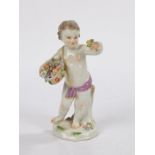 Meissen porcelain figure, of a standing boy holding a basket of flowers, a tree trunk behind and