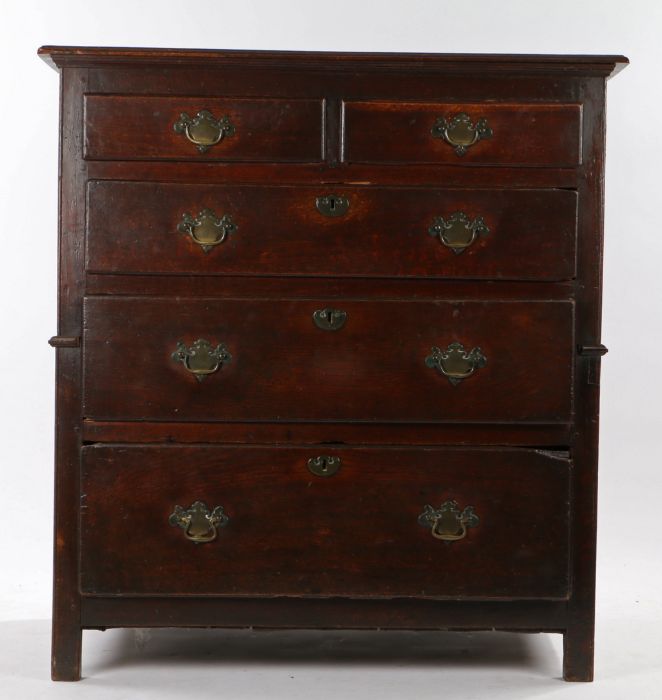 18th Century oak chest of drawers, the rectangular top above two short and three long graduated