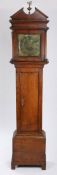 19th Century oak cased longcase clock, the hood with broken arch pediment and pilasters, the brass