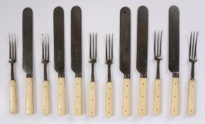 Victorian twelve piece cutlery set, to include six three pronged forks and six knives with bone