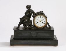 19th Century French bronze and black slate mantel clock, P.L. Hausburg, A Paris, with a reclining