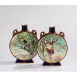 Pair of Minton Art Pottery Pilgrim moon vases, depicting a young lady picking fruit from a tree