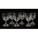 Set of six 19th Century glasses, the deep bowls with thumb moulded edge above a stem and wide foot