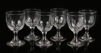 Set of six 19th Century glasses, the deep bowls with thumb moulded edge above a stem and wide foot