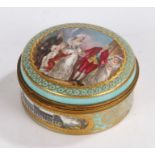 Dresden porcelain box and cover, the domed cover decorated with six figures surrounded by a gilt and