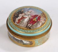 Dresden porcelain box and cover, the domed cover decorated with six figures surrounded by a gilt and