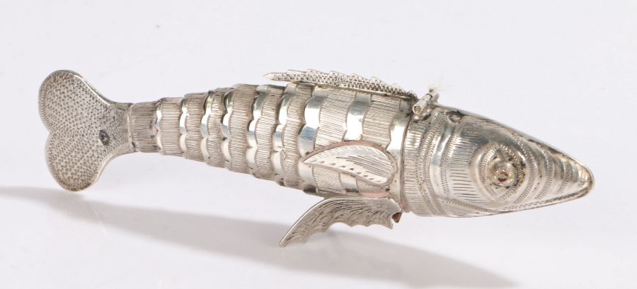 19th Century Dutch silver novelty snuff bottle, modelled as an articulated fish with red paste set