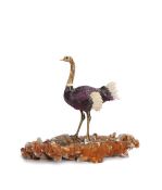 Fabulous amethyst white coral and fossilised wood carving of an ostrich, in the manner of Bernhard