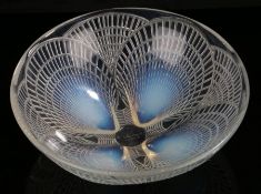 Lalique 'Coquilles' pattern opalescent glass bowl, the circular bowl moulded with four shells,