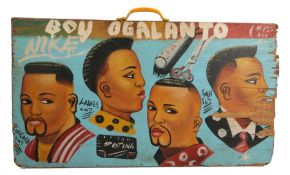 West African double sided hair dresser sign, Mali, circa 1990, the first side in red with U.S.A.
