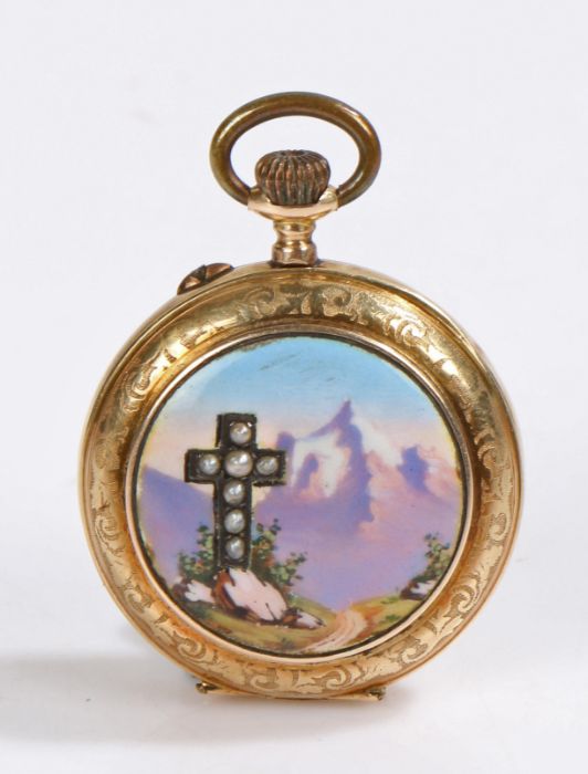 Continental 14 carat gold and enamel pocket watch, the enamel caseback depicting a mountainous - Image 2 of 2