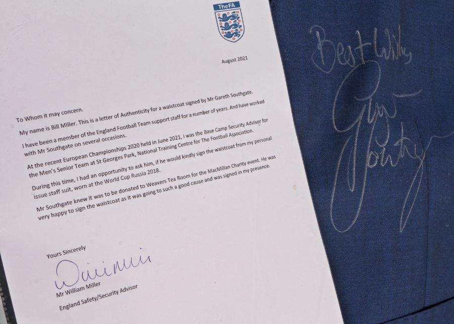 England Manager Gareth Southgate interest, an FA issue staff suit waistcoat, signed 'Best Wishes - Image 4 of 4