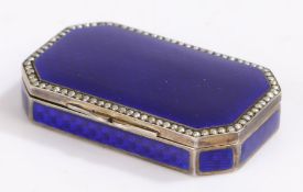 George V silver and enamel box, import marks for Birmingham 1912, Steinhart & Co. having blue enamel