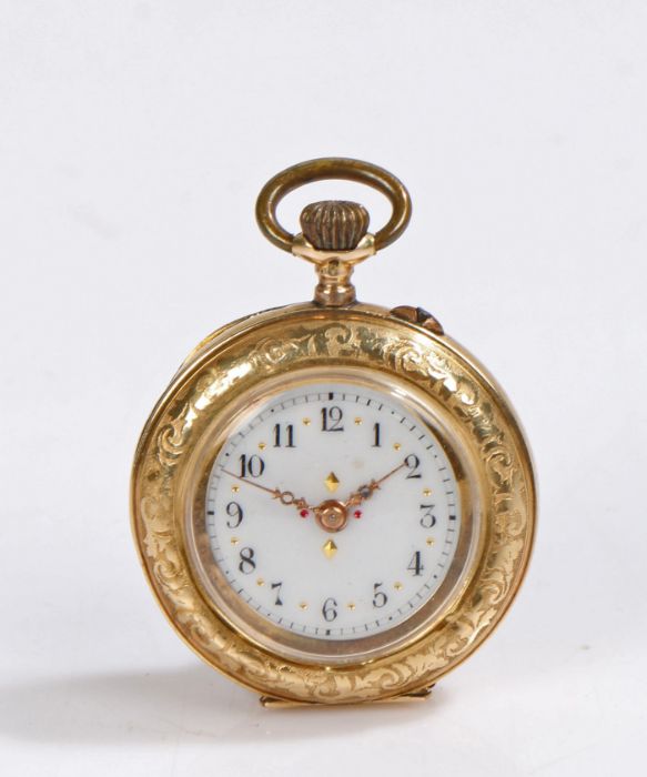 Continental 14 carat gold and enamel pocket watch, the enamel caseback depicting a mountainous