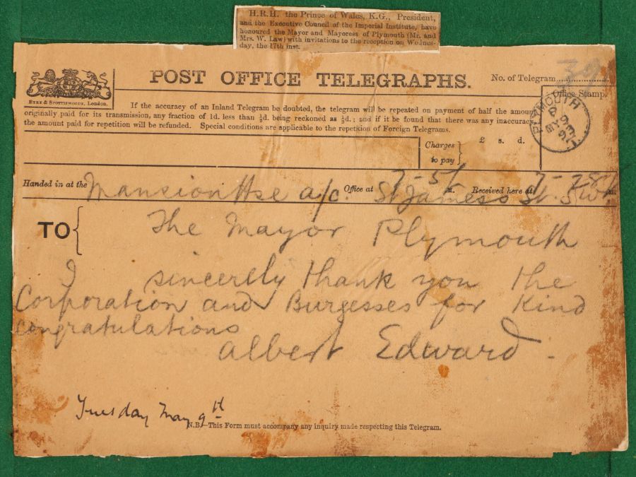 Autograph, Royalty interest, telegraphic message to the Mayor of Plymouth from Albert Edward,