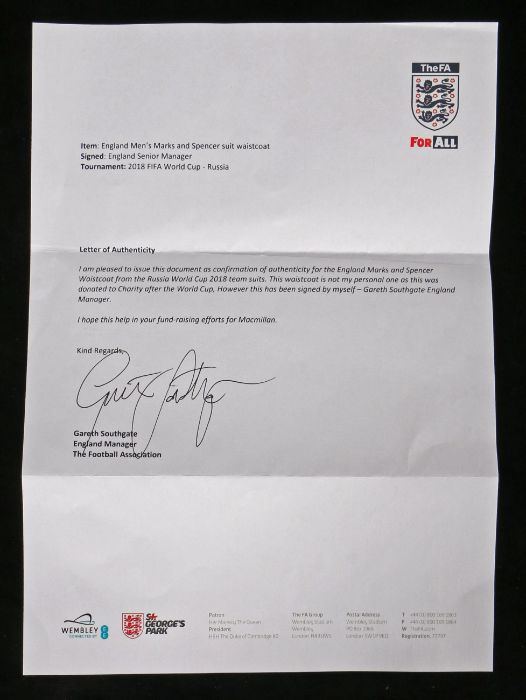 England Manager Gareth Southgate interest, an FA issue staff suit waistcoat, signed 'Best Wishes - Image 2 of 4