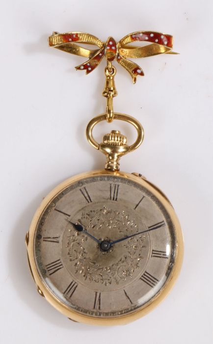 Edwardian 15 carat gold and enamel pendant watch, the tied bow pendant with red enamel ground and