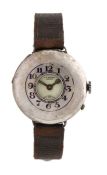 J.W. Benson silver trench wristwatch, the half hunter style case with blue enamel Arabic numerals,