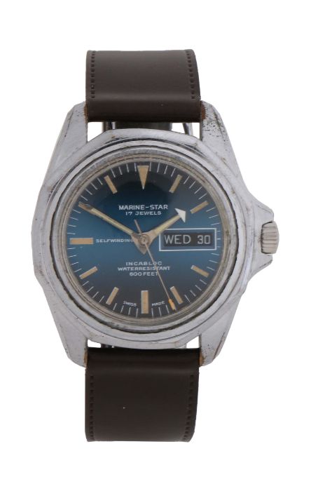 Sicura Marine-Star gentleman's stainless steel wristwatch, the signed blue dial with baton markers