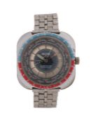 Sicura Globetrotter GMT gentleman's stainless steel wristwatch, the signed blue and banded silver