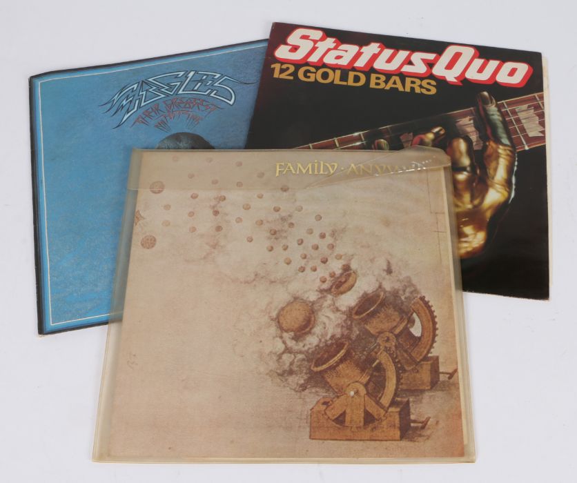 3 x Rock LPs. Family - Anyway (RSX 90050, plastic sleeve. Status Quo - 12 Golden Bars. The