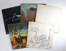 5 x Pink Floyd LPs. Meddle (SHVL 795), gatefold textured sleeve. Relics (SRS 5071).Dark Side Of