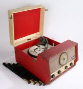 Dansette RG 31 Radiogram, red and cream leatherette case with detatchable legs