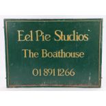 Green and gold painted wooden sign from Eel Pie studios, The Boathouse, 109cm x 79cm.