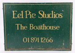 Green and gold painted wooden sign from Eel Pie studios, The Boathouse, 109cm x 79cm.