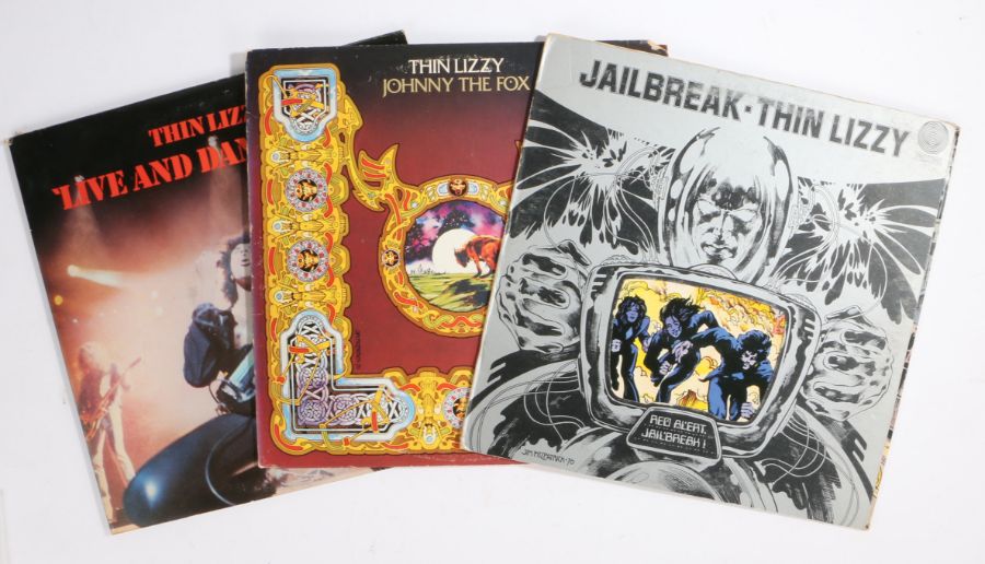 3 x Thin Lizzy LPs. Jailbreak (9102 008), die cut sleeve. Johnny The Fox (SRM-1-1119). Live And