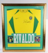 Rivaldo, signed and framed Brazil shirt, with COA, housed within a gilt and glazed frame, 58.5cm