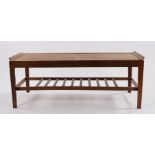 Remploy teak extendable coffee table, the rectangular top with two sliding leaves opening to