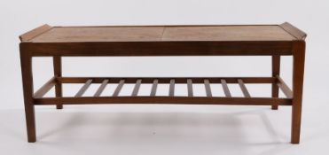 Remploy teak extendable coffee table, the rectangular top with two sliding leaves opening to