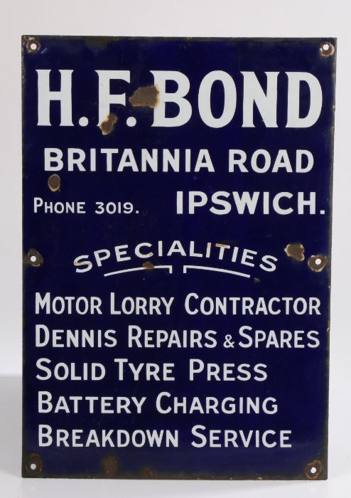 Enamel advertising sign, "H.F. BOND BRITANNIA ROAD IPSWICH PHONE 3019. SPECIALITIES MOTOR LORRY