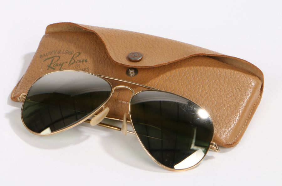 Pair of Bausch & Lomb Ray-Ban aviator sunglasses, the grey-green tinted lenses housed in gilt