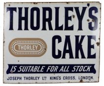 Enamel Advertising sign, the white ground with blue lettering "THORLEY'S CAKE IS SUITABLE FOR ALL