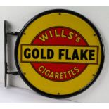 Double sided circular enamel advertising sign, "WILLS'S GOLD FLAKE CIGARETTES", with wall bracket,