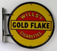 Double sided circular enamel advertising sign, "WILLS'S GOLD FLAKE CIGARETTES", with wall bracket,