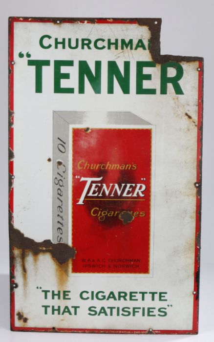 Enamel advertising sign, CHURCHMANS "TENNER", "THE CIGARETTE THAT SATISFIES", 46cm x 76cm