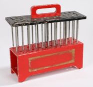 Magicians "nail through the arm" trick, the black and red painted box with 34 nails, 37cm wide, 21cm