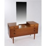 Avalon teak dressing table, the rectangular mirror above two small canted drawers and two long