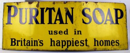 Enamel advertising sign, the yellow ground with blue lettering "PURITAN SOAP used in Britain's