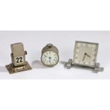 Art Deco desk clock, with a square dial and Arabic hours, a desk calendar and a desk timepiece, (3)
